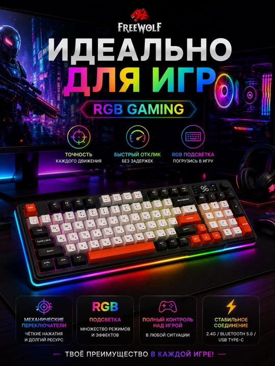 Беспроводная механическая клавиатура FREE WOLF M96, RGB-подсветка, Bluetooth 5.0, 2.4G