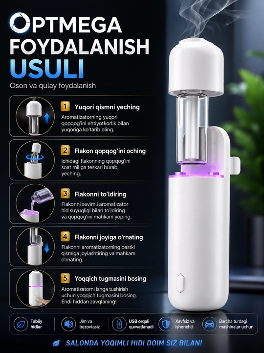 Avtomobil havo spreyi, elektr aromali diffuzer, simsiz 6ta hidli, Ultrasonic