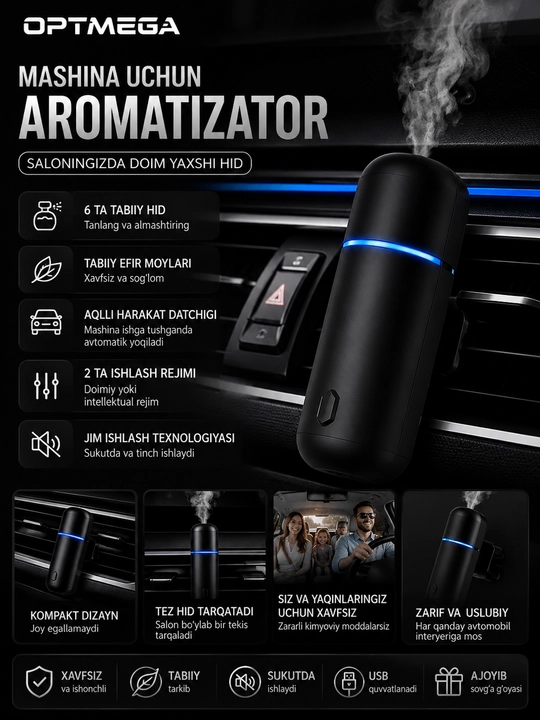 Avtomobil havo spreyi, elektr aromali diffuzer, simsiz 6ta hidli, Ultrasonic