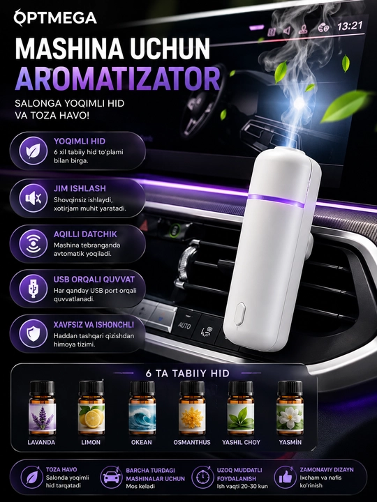 Avtomobil havo spreyi, elektr aromali diffuzer, simsiz 6ta hidli, Ultrasonic