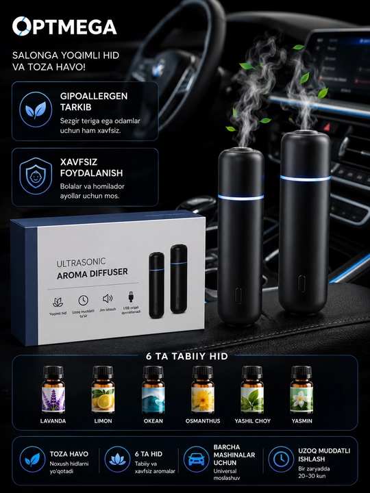 Avtomobil havo spreyi, elektr aromali diffuzer, simsiz 6ta hidli, Ultrasonic