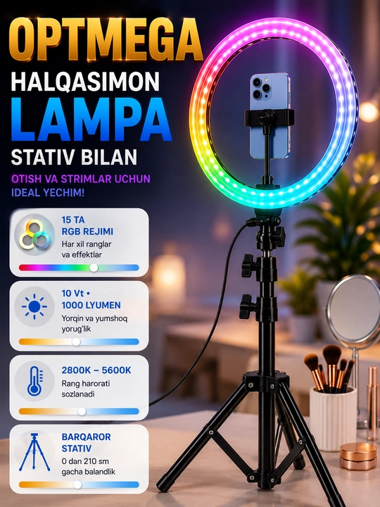 Halqali selfi lampa, LED RGB, shtativ bilan, 7 ta olcham, 26 - 56sm - 