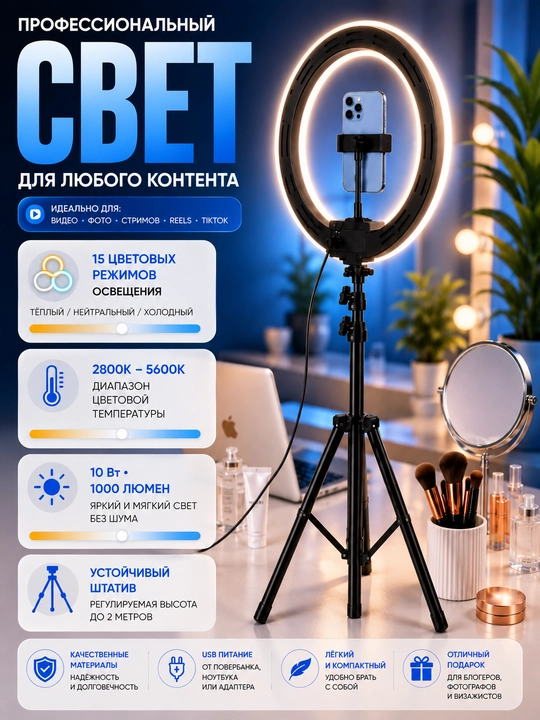 Halqali selfi lampa, LED RGB, shtativ bilan, 7 ta olcham, 26 - 56sm