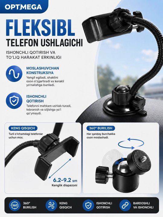 Halqali selfi lampa, LED RGB, shtativ bilan, 7 ta olcham, 26 - 56sm