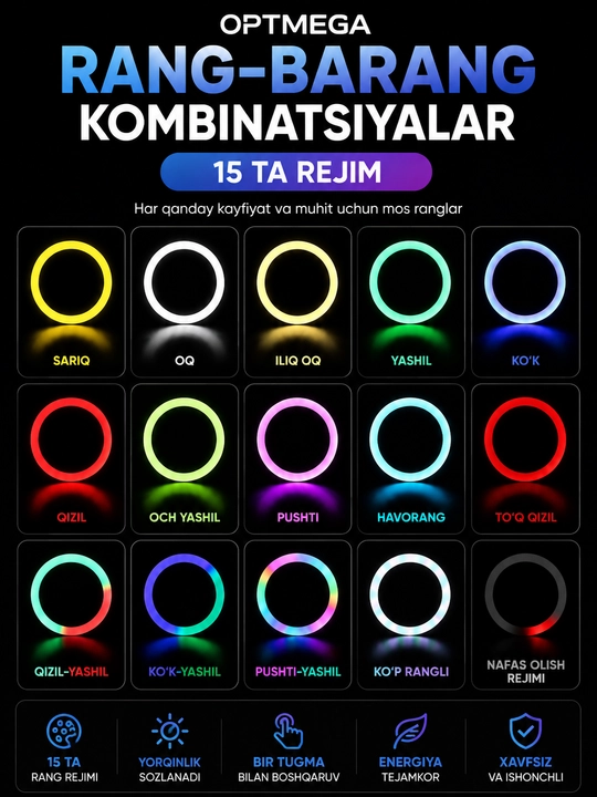 Halqali selfi lampa, LED RGB, shtativ bilan, 7 ta olcham, 26 - 56sm