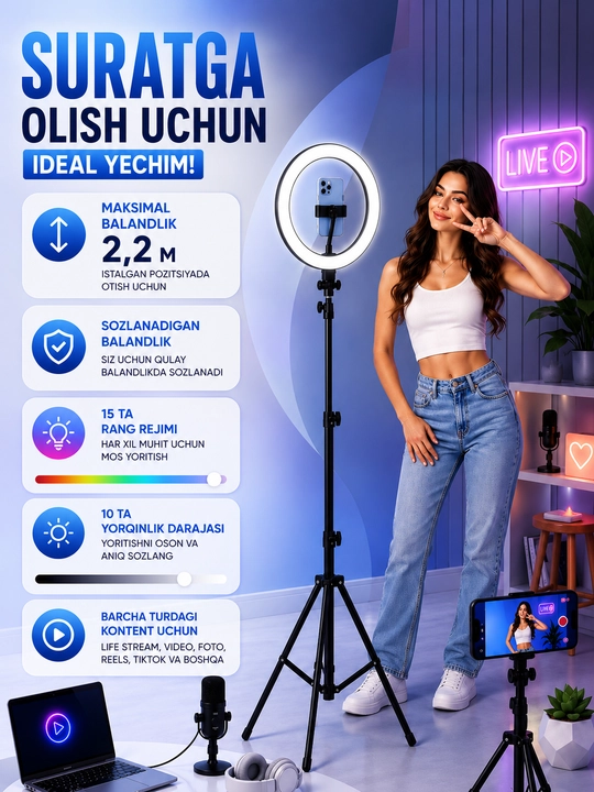 Halqali selfi lampa, LED RGB, shtativ bilan, 7 ta olcham, 26 - 56sm
