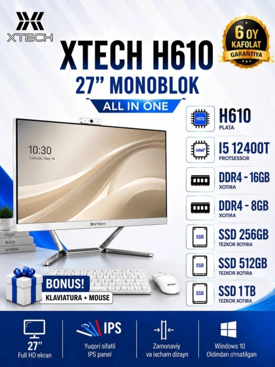 Monoblok XTECH 27" H610.i5-12400T 8/16GB SSD 256/512GB/1TB IPS Windows 10 + Klav/Mish - 