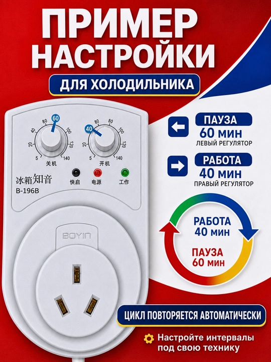 Универсальный таймер-розетка BOYIN B‑196B для холодильника и техники, 5–140 минут