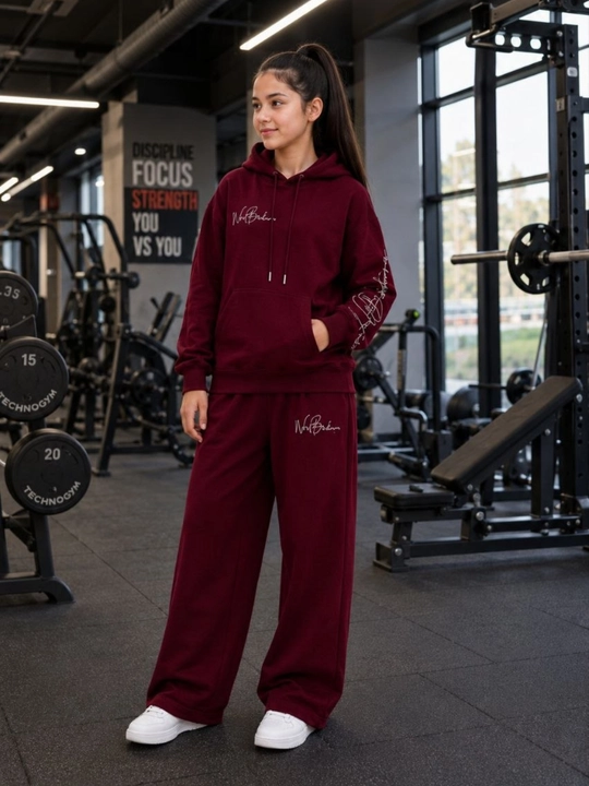 Qizlar sport kiyimi, xudi va shim, ikki ipli trikotaj, 9–14 yosh