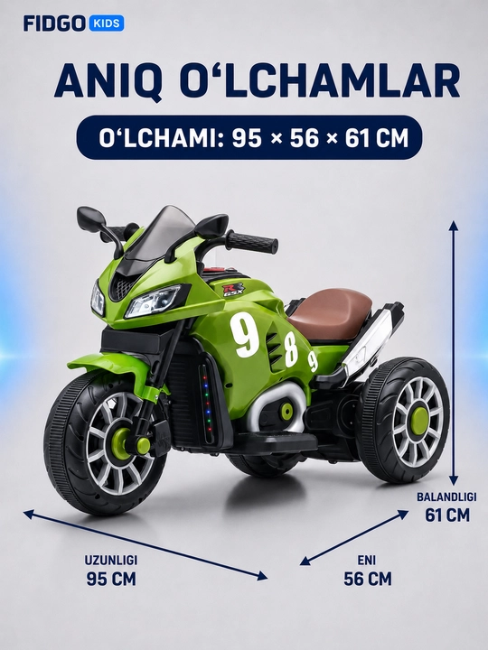 FIDGO bolalar elektr transporti, elektromobil, mototsikl va kvadrotsikl