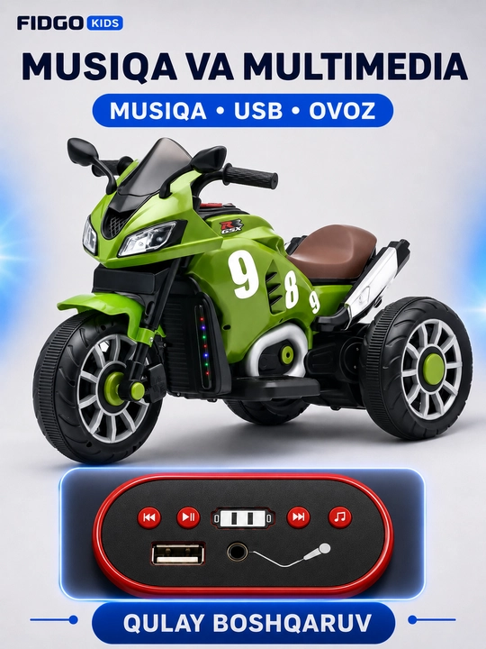 FIDGO bolalar elektr transporti, elektromobil, mototsikl va kvadrotsikl