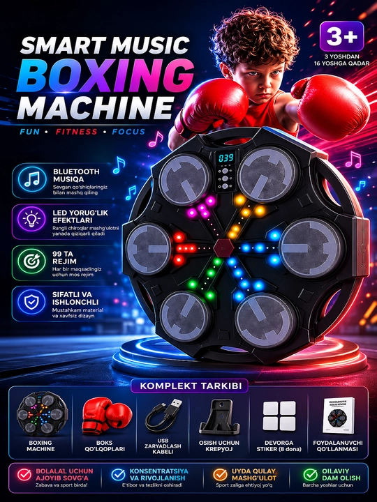 Bolalar uchun intellektual musiqiy boks trenajyori, Bluetooth LED Boxing Machine, 3+ yosh - 