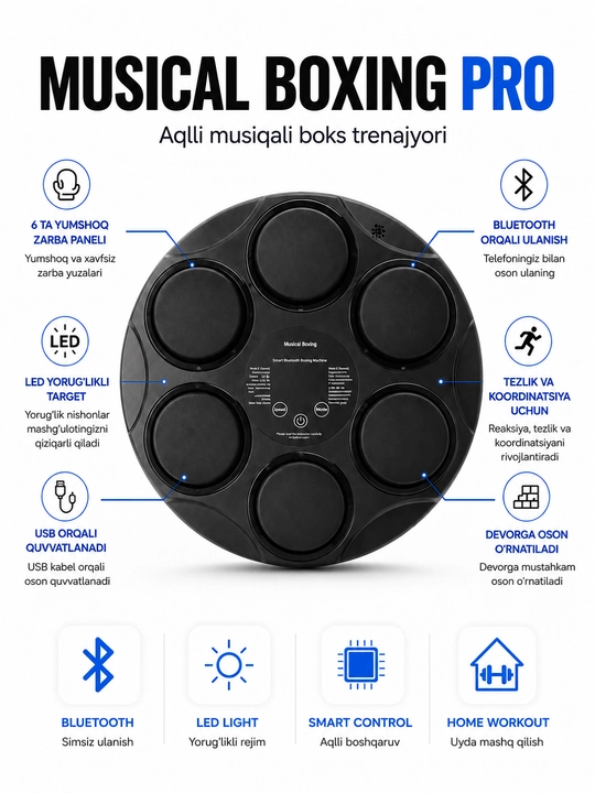 Детский интеллектуальный музыкальный боксёрский тренажёр, Bluetooth LED Boxing Machine, 3+