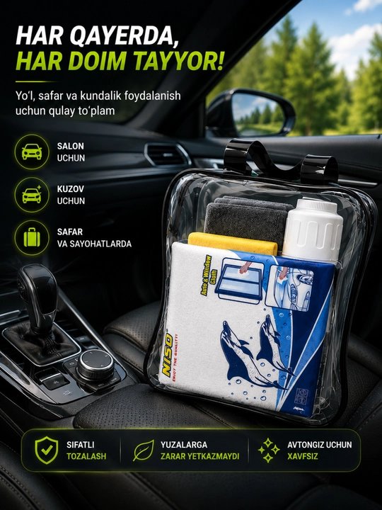 Avtomobil tozalash to'plami 5 qismli, mikrofibra sochiq, gubka va idishli Car Cleaning Kit