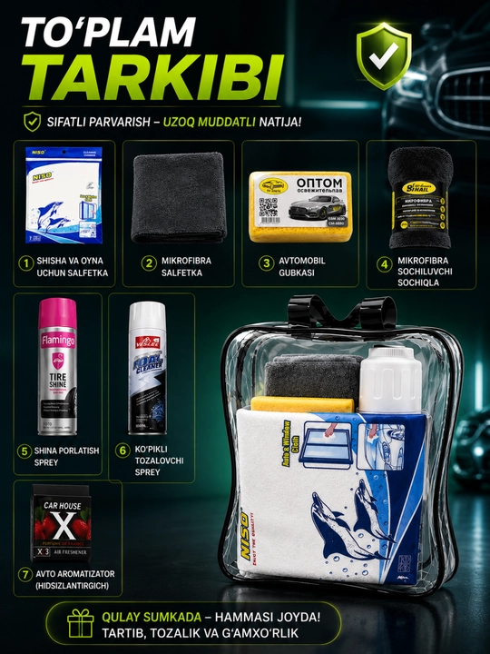 Avtomobil tozalash to'plami 5 qismli, mikrofibra sochiq, gubka va idishli Car Cleaning Kit