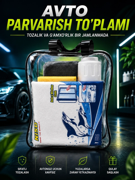 Avtomobil tozalash to'plami 5 qismli, mikrofibra sochiq, gubka va idishli Car Cleaning Kit