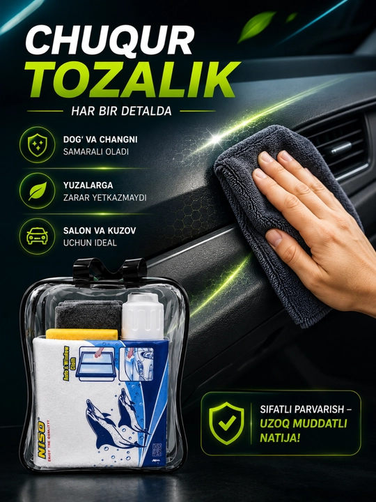 Avtomobil tozalash to'plami 5 qismli, mikrofibra sochiq, gubka va idishli Car Cleaning Kit