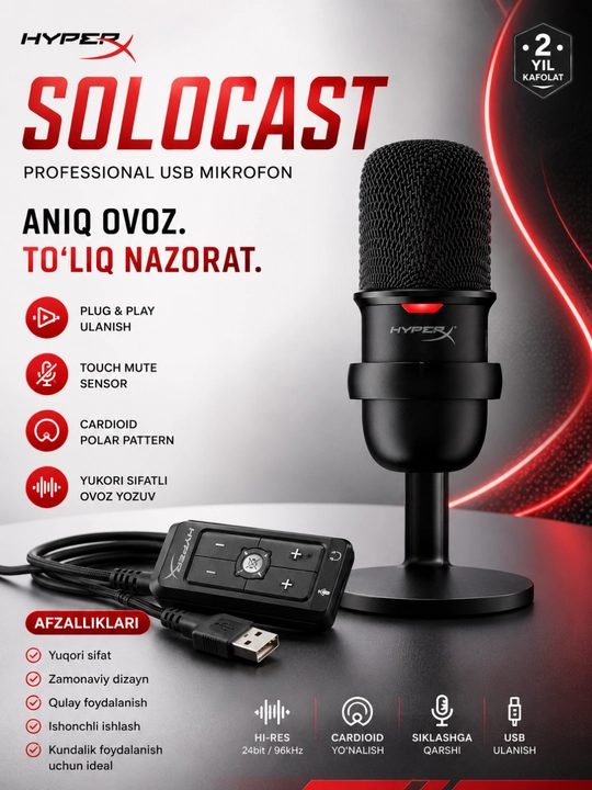 Hyperx solocast usb конденсаторный микрофон для стриминга подкастов игр и записи - 