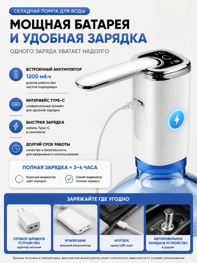 Buklanadigan elektr suv nasosi, 4.5-18.9L butilkalar uchun, Type-C 1200mAh