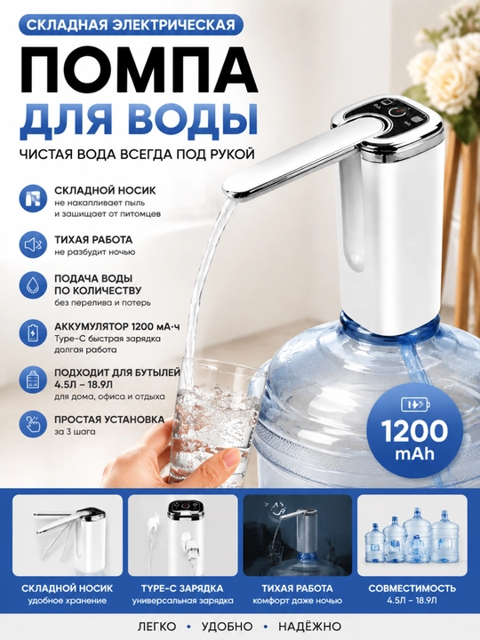 Buklanadigan elektr suv nasosi, 4.5-18.9L butilkalar uchun, Type-C 1200mAh - 