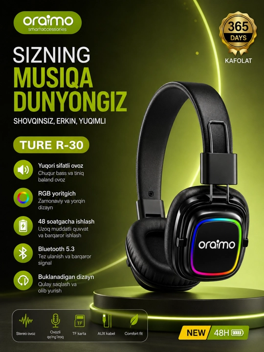 Oraimo TURE R-30 Беспроводные Bluetooth Наушники, RGB, Микрофон, Стерео, 48 ч - 