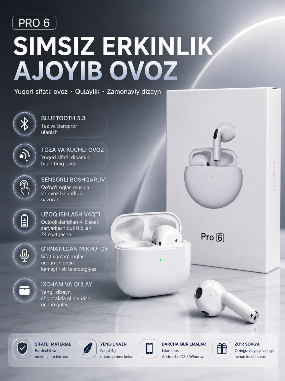 Беспроводные TWS наушники Pro 6 Bluetooth 5.3 с сенсорным управлением и зарядным кейсом - 