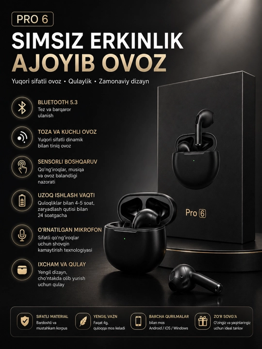 Беспроводные TWS наушники Pro 6 Bluetooth 5.3 с сенсорным управлением и зарядным кейсом - 