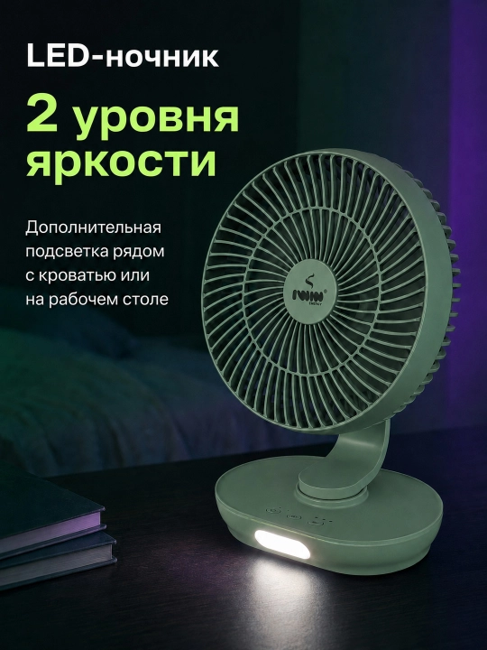 Akkumulyatorli stol ventilyatori IWIN IW8008, 20 sm, 3 tezlik, LED chiroq