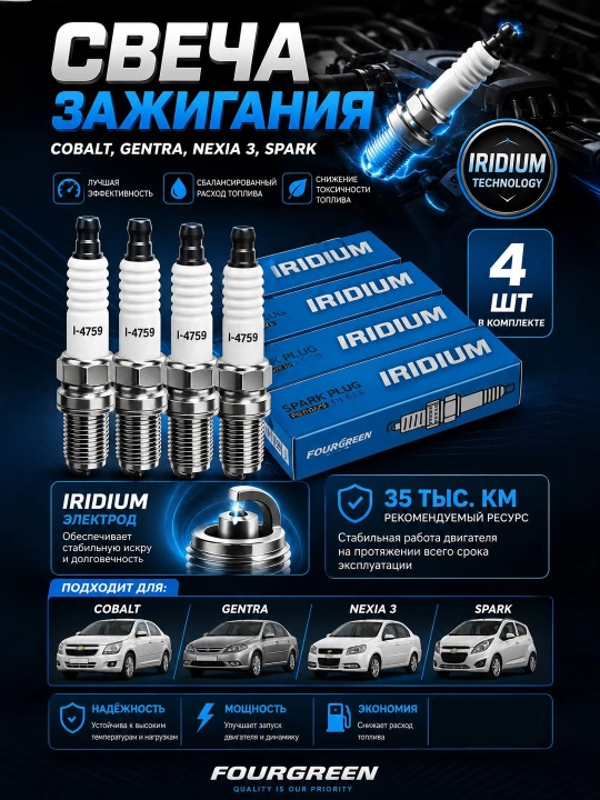 Свеча зажигания FourGreen Иридиевые I-4759 Gentra, Cobalt, Nexia-R3, Spark. 4 шт - 