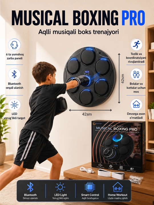 Детский интеллектуальный музыкальный боксёрский тренажёр, Bluetooth LED Boxing Machine, 3+