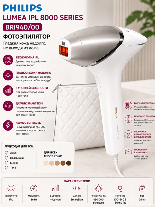 Фотоэпилятор Philips Lumea IPL 8000 Series BRI940/00 с технологией SenseIQ - 