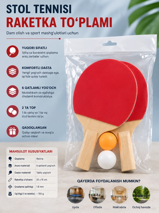 Stol tennisi raketkalari to‘plami, 2 raketka va 2 to‘p, yog‘och dastali - 