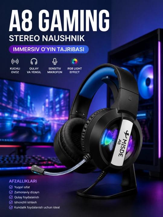 A8 gaming стерео игровые наушники с микрофоном rgb led для пк, ноутбука и телефона - 