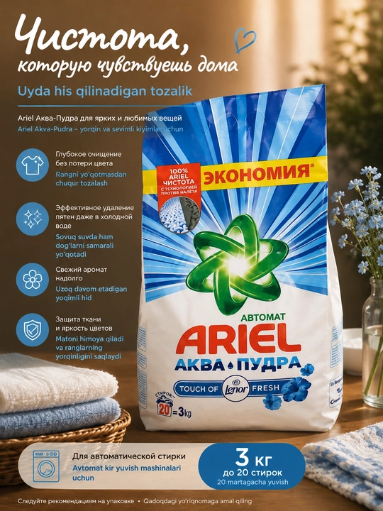 Ariel kir yuvish kukuni, 3 kg, Lenor ifori bilan - 