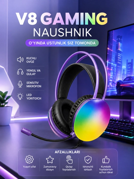 V8 Gaming стерео игровые наушники с микрофоном RGB LED для ПК, ноутбука и смартфона - 