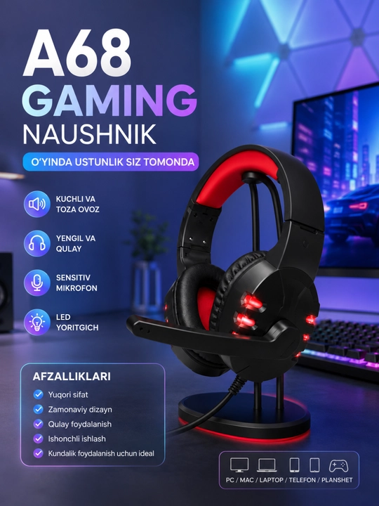 A68 Gaming стерео игровые наушники с микрофоном RGB LED для ПК, ноутбука и смартфона - 