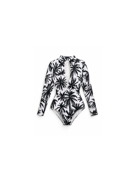 Ayollar suzish kiyimi, yopiq kupalnik, spandeks, uzun yengli, palma print, beachwear