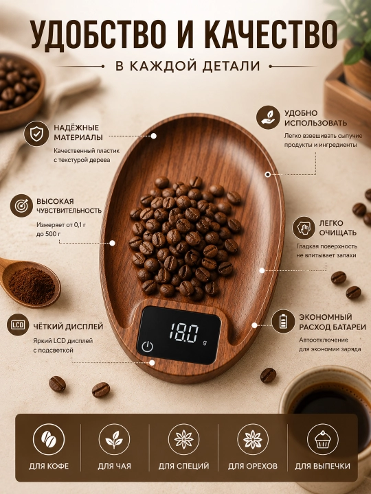 Kofe, choy va ziravorlar uchun elektron oshxona tarozisi, LCD displey, 0,1–500 g