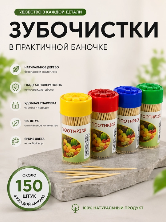 Зубочистки из натурального дерева в удобной баночке ≈150 шт. - 