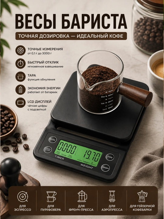 Kofe, choy va ziravorlar uchun elektron oshxona tarozisi, LCD displey, 0,1–500 g