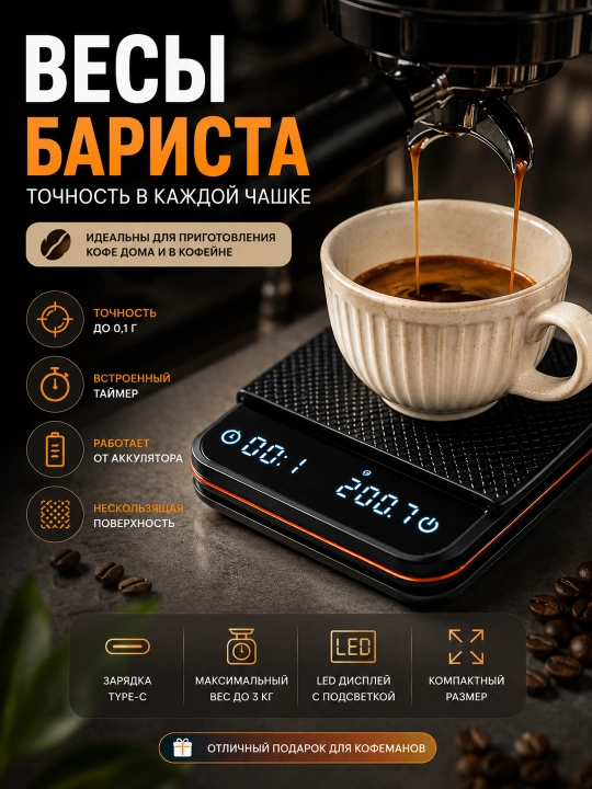 Электронные кухонные весы для кофе, чая и специй с LCD дисплеем 0,1–500 г - 