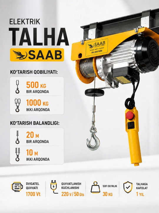 Telfer elektr SAAB PA-1000, 0.5/1 t, balandligi 20/10 m