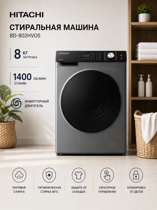 Стиральная машина Hitachi BD-802HVOS 8 кг, Inverter, 1200 об/мин, Hygiene Programme - 
