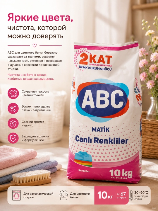 ABC kir yuvish kukuni, avtomat, 10 kg, universal - 