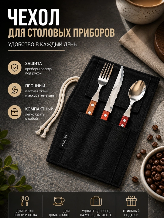 Куверт чехол для столовых приборов тканевый, дорожный, органайзер для вилки, ложки и ножа - 