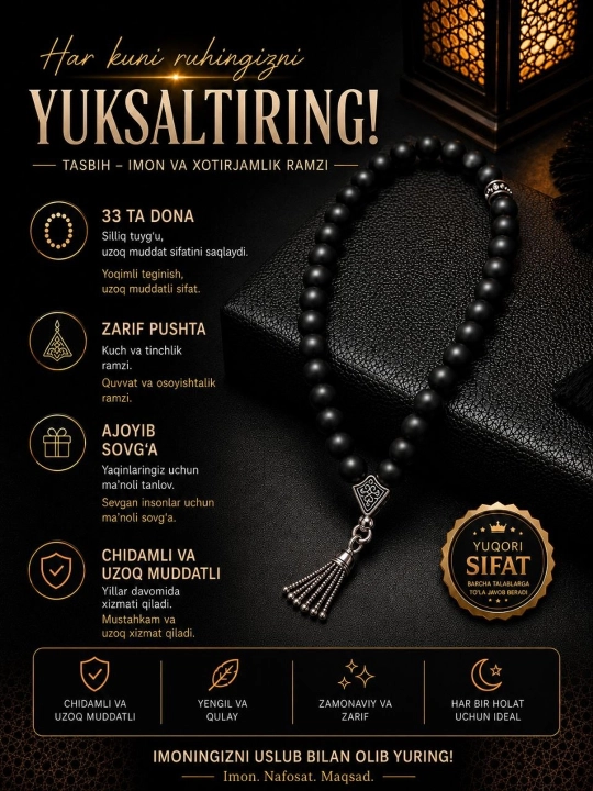 Tasbehlar 33 dona munchoqlar tasbehlar, zikr uchun tasbehlar, sovg‘a uchun tasbehlar