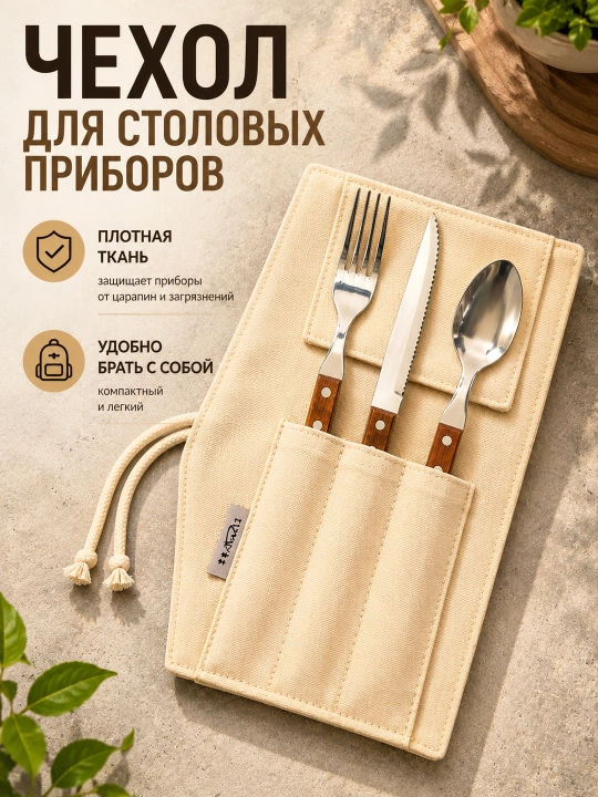 Куверт чехол для столовых приборов тканевый, дорожный, органайзер для вилки, ложки и ножа - 