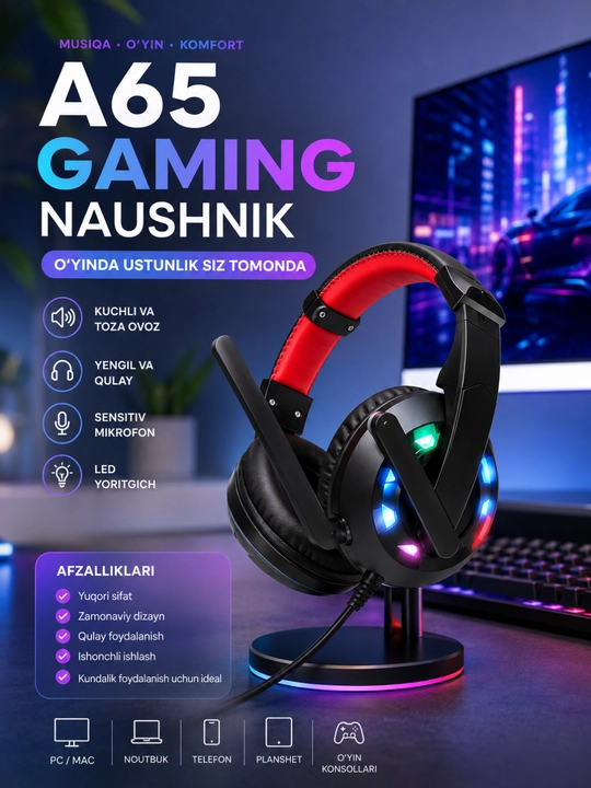A65 Gaming стерео игровые наушники с микрофоном RGB LED для ПК, ноутбука и смартфона - 