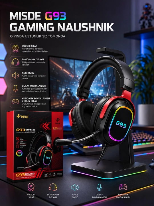 Игровые стерео наушники MISDE G93 с RGB, микрофоном для ПК, Mac и ноутбука - 