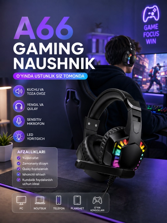 Игровые стерео наушники MISDE A66 с RGB, микрофоном для ПК, Mac и ноутбука - 